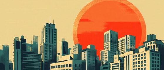 Poster - Urban skyline with vibrant sun setting over city buildings in retro style illustration and vintage color palette