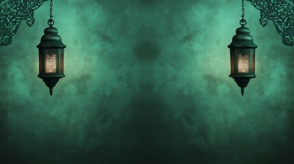 Poster - Soft green tones envelop two enchanting lanterns that exude warmth and light, creating a serene ambiance perfect for Ramadan celebrations and reflection in an Islamic context.