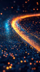 Poster - Abstract Digital Landscape with Glowing Particles and Dynamic Flow in a Dark Blue and Orange Color Palette, Creating a Futuristic and Energetic Visual
