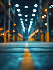Poster - Industrial warehouse interior with yellow line on floor leading to blurred lights in perspective view