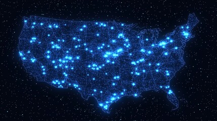 Poster - Digital map illustration depicting United States outline with glowing dots against dark star field
