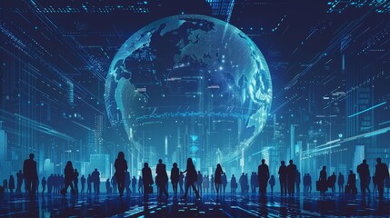 Aufkleber - Silhouetted figures gather in a futuristic city with a digital globe projection at dusk