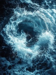 Poster - Mesmerizing aerial view of a swirling vortex in the ocean with turquoise water and white foam creating a dynamic and powerful natural scene