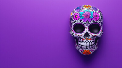 Poster - Intricately decorated skull with floral motifs against vibrant purple backdrop celebrating cultural art