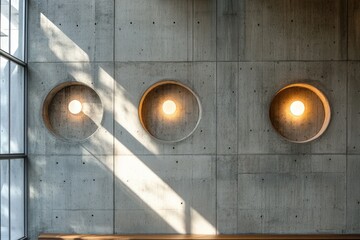 Wall Mural - Concrete Wall With Circular Lights And Sunlight Shadows