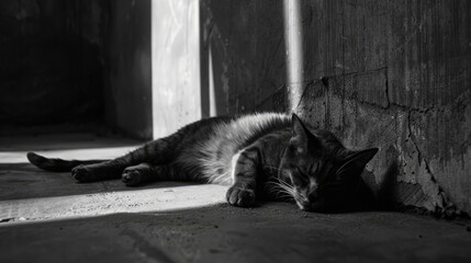 Wall Mural - A serene gray cat resting peacefully on a sunlit floor in a rustic, shadowy indoor space