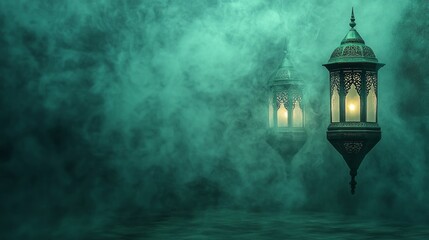 Poster - Soft, ethereal light radiates from intricately designed lanterns, creating an enchanting atmosphere surrounded by swirling, misty hues. The artwork embodies the spirit of Ramadan.