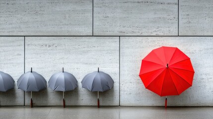 Identical gray umbrellas align against a wall with one vibrant red umbrella boldly open showcasing individuality and courage in a striking contrast