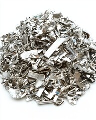 Poster - Gleaming pile of scrap metal on a white background showcasing recycling industry and material reuse concept
