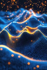 Poster - Abstract blue and orange landscape with glowing particles creating a futuristic and modern visual effect for digital design