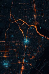 Poster - Aerial Cityscape at Night with Glowing Orange Roads and Teal Accents High Angle View Urban Planning