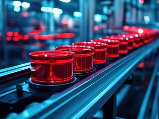Poster - Automated production line with shiny red containers moving along a conveyor belt in a modern factory