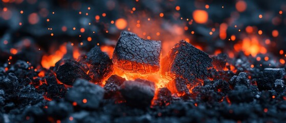 Poster - Intense Glowing Embers and Charcoal Pieces Create a Warm and Energetic Mood in a Dark Setting with Bokeh