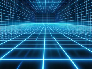 Poster - Mesmerizing blue neon grid background evoking retro futuristic vibes and technological advancement perfect for digital designs and abstract presentations