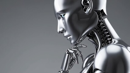 Aufkleber - Metallic humanoid robot with exposed neck wiring contemplating, positioning hand near chin while standing in profile against neutral gray background, rendered in slow motion