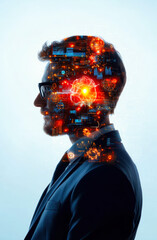 Poster - A profile silhouette of a man, blending technology and human intellect, showcasing a vibrant display of digital elements and ideas emerging from his mind.