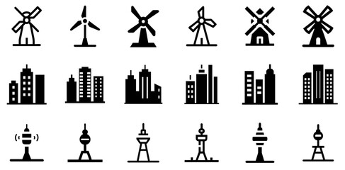 Poster - Wind Mill, Skyscrapers, and TV Tower Vector Icon Set