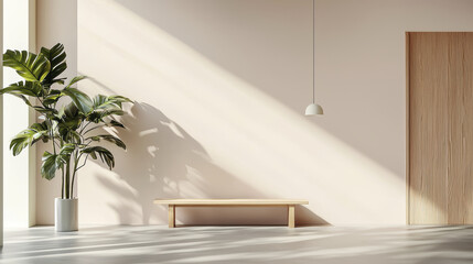 Wall Mural - minimalist entryway featuring wooden bench, potted plant, and soft lighting creates serene atmosphere