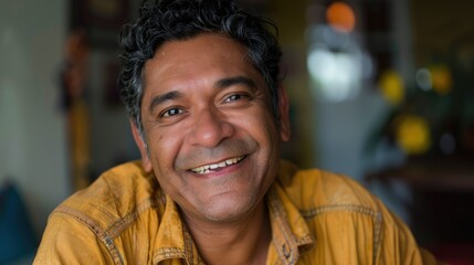 Wall Mural - Smiling man in a cozy indoor setting, wearing a yellow shirt, with warm lighting and plants in the background