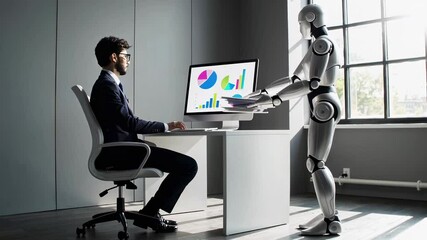 Poster - Humanoid robot delivering document to manager working at computer, showcasing technological collaboration in modern office environment through slow motion sequence