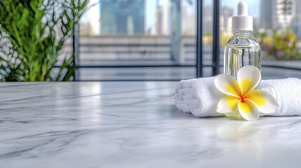 Wall Mural - serene spa setting featuring glass bottle of oil, white towel, and plumeria flower, perfect for relaxation and rejuvenation