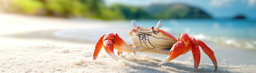 Wall Mural - Colorful Crab on a Sandy Beach with Gentle Waves and Bright Blue Sky in Background