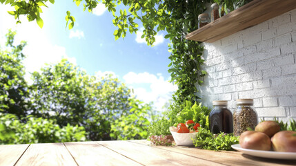 bright outdoor kitchen scene with fresh vegetables, herbs, and jars on wooden table, surrounded by greenery and sunlight