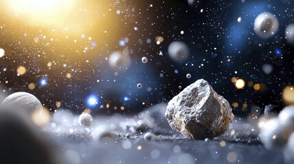 Poster - vibrant cosmic scene featuring floating rocks and particles in space, evoking sense of wonder and exploration