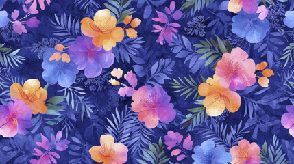 Wall Mural - Vibrant floral pattern with colorful flowers on dark blue background, creating lively and cheerful atmosphere