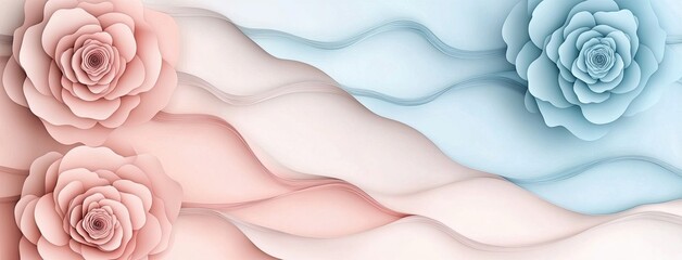 Poster - Soft pastel curves and colorful waves blend harmoniously on a serene blue backdrop, showcasing modern artistic design and elegance