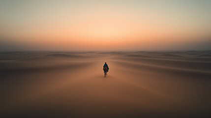 Desert traveler on camel at dusk capturing serene beauty of sand dunes under colorful twilight sky. Generative AI