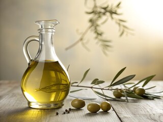 Olive oil in a glass dispenser with olives and olive branch on a rustic wooden table in soft natural light