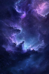 Wall Mural - Illustration of a mesmerizing cosmic nebula swirling in deep blues and purples, speckled with distant stars. The ethereal glow and vast celestial beauty make this a captivating and immersive space