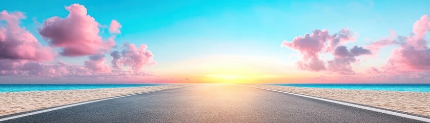 Wall Mural - Serene Coastal Road at Sunrise with Colorful Clouds and Tranquil Ocean Waves