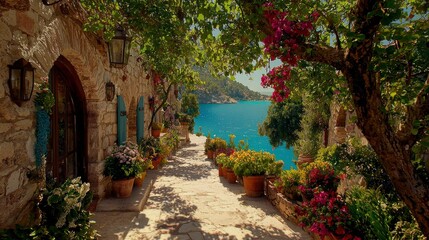  Idyllic Mediterranean Coastal Village Street Scene with Stone Buildings, Lush Flowers, and Ocean