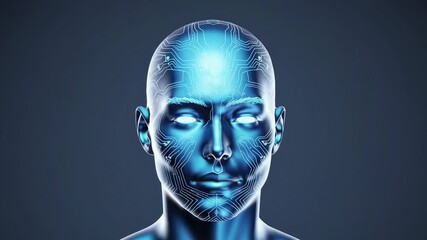 Poster - Artificial intelligence concept video showing an android robot head with glowing circuits under its metallic skin, slowly changing facial expressions on a dark blue background