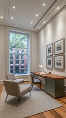 Wall Mural - Bright and airy home office showcases a wooden desk, green storage chest, and armchair with stylish decor and natural light