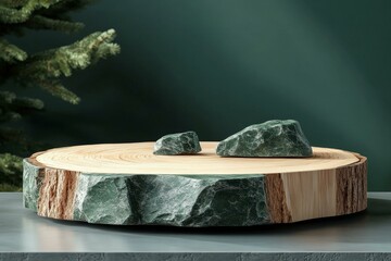 Canvas Print - Wooden Slice Display Stand with Green Stones