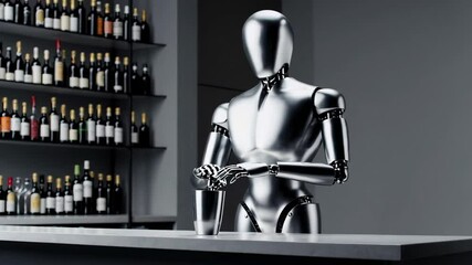 Poster - Robot bartender is mixing a cocktail in a metal shaker behind a bar counter, with shelves full of bottles in the background, in slow motion