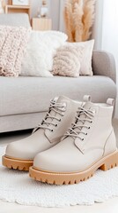 Wall Mural - Beige leather boots with laces rest on a gray pillow beside a vase of pampas grass in a bright modern living space