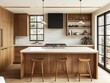 © Maryogi - A modern minimalist kitchen featuring wooden cabinetry and an island