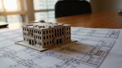 Poster - Architectural model resting on technical blueprints slowly rotating, revealing intricate design details under warm natural illumination from professional workspace