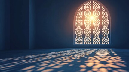 Poster - Sunlight filters through a beautifully designed arabesque window, casting playful shadows across the tranquil floor. This enchanting moment captures the serenity of dawn in an artistic setting.