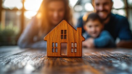 Small wooden house closeup on table with family cozy indoor setting warm vibes natural light