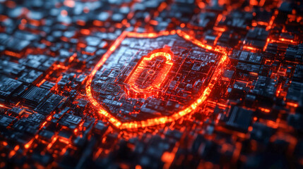 Poster - A glowing digital shield on a cybernetic surface, symbolizing cybersecurity, data protection, and online safety in a futuristic design