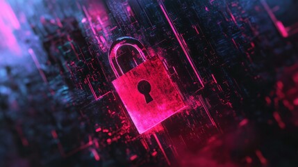 Cyber Security Concept Glowing Pink Padlock on Abstract Digital Circuit Background
