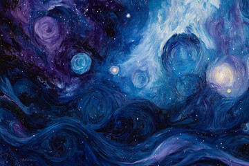 Wall Mural - Illustration of an abstract cosmic landscape with swirling nebula clouds and glowing celestial bodies. The deep blues and purples blend seamlessly, creating a mesmerizing space inspired dreamscape.
