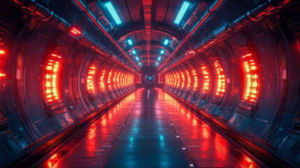 Poster - A futuristic sci-fi corridor illuminated by red and blue neon lights, creating a tunnel-like perspective leading to an unknown destination