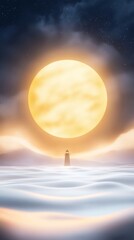 Wall Mural - serene moonlit lighthouse seascape - a solitary lighthouse stands amidst a calm, moonlit sea, symbol