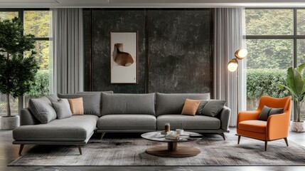 Wall Mural - Modern Gray Sectional Sofa and Orange Armchair Living Room Scene